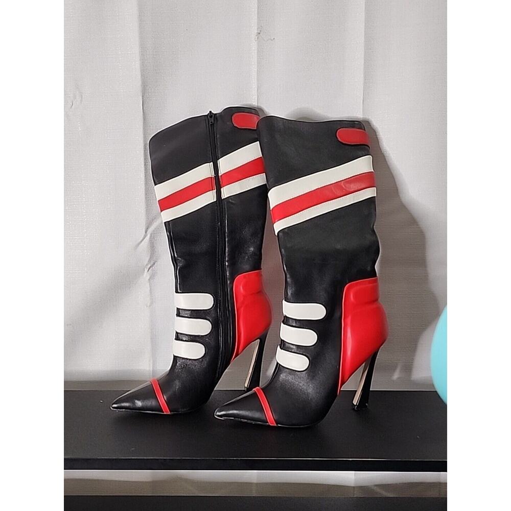 Steve Madden Black Red White Retro Stripe Heeled Knee Boots - Picture 2 of 5